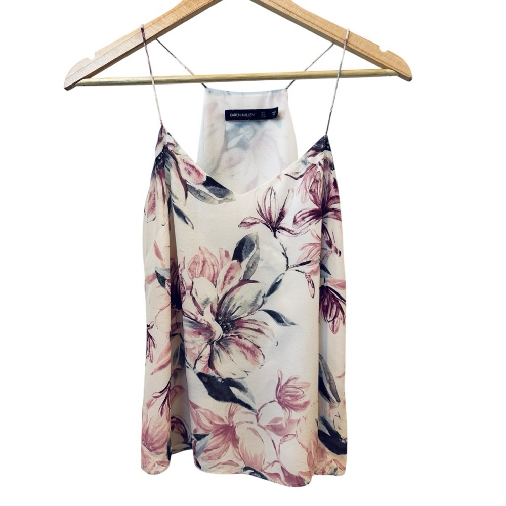 Karen Millen Silk Printed Floral Camisole Size 4 Small EU 36 V-neck Shell Cream